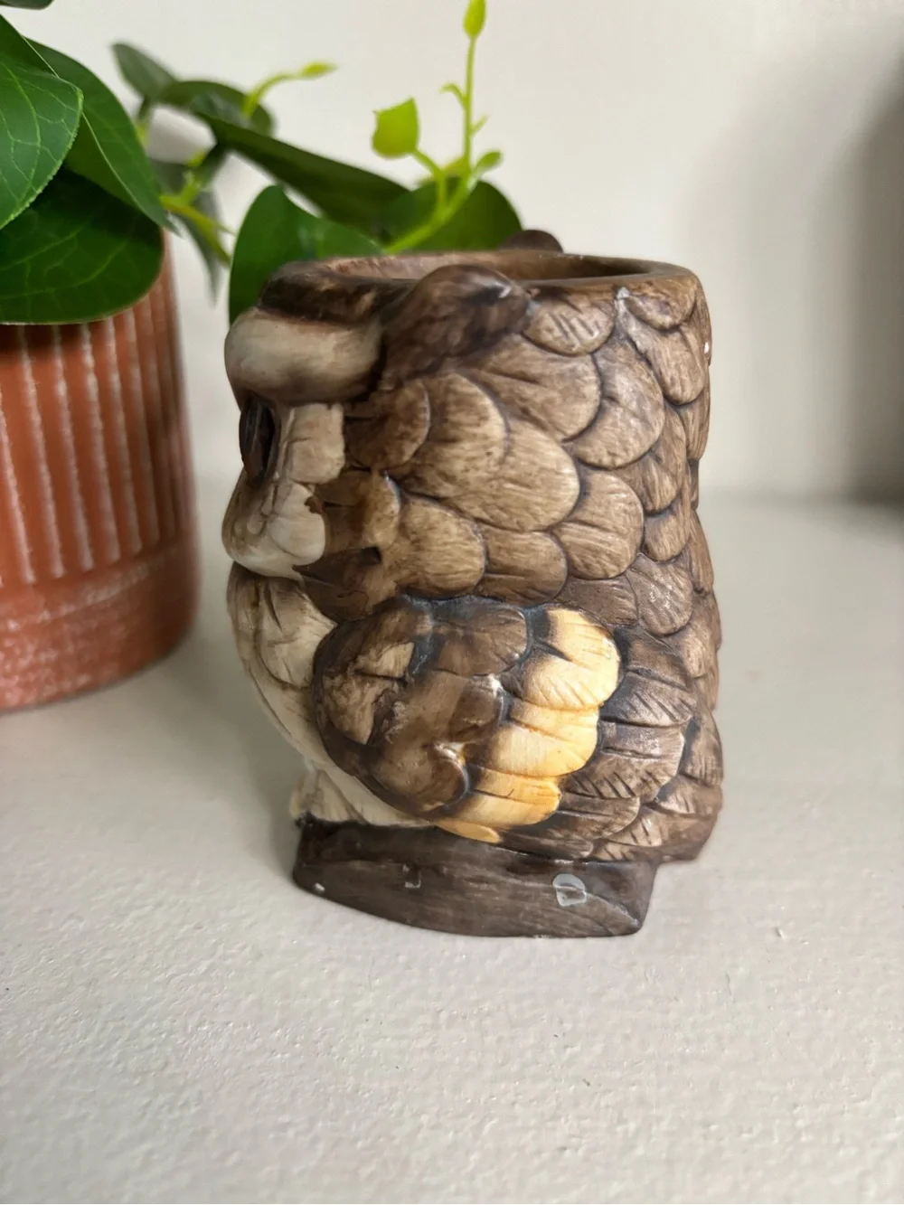 Vintage Mcm retro ceramic grumpy owl tapered candle holder